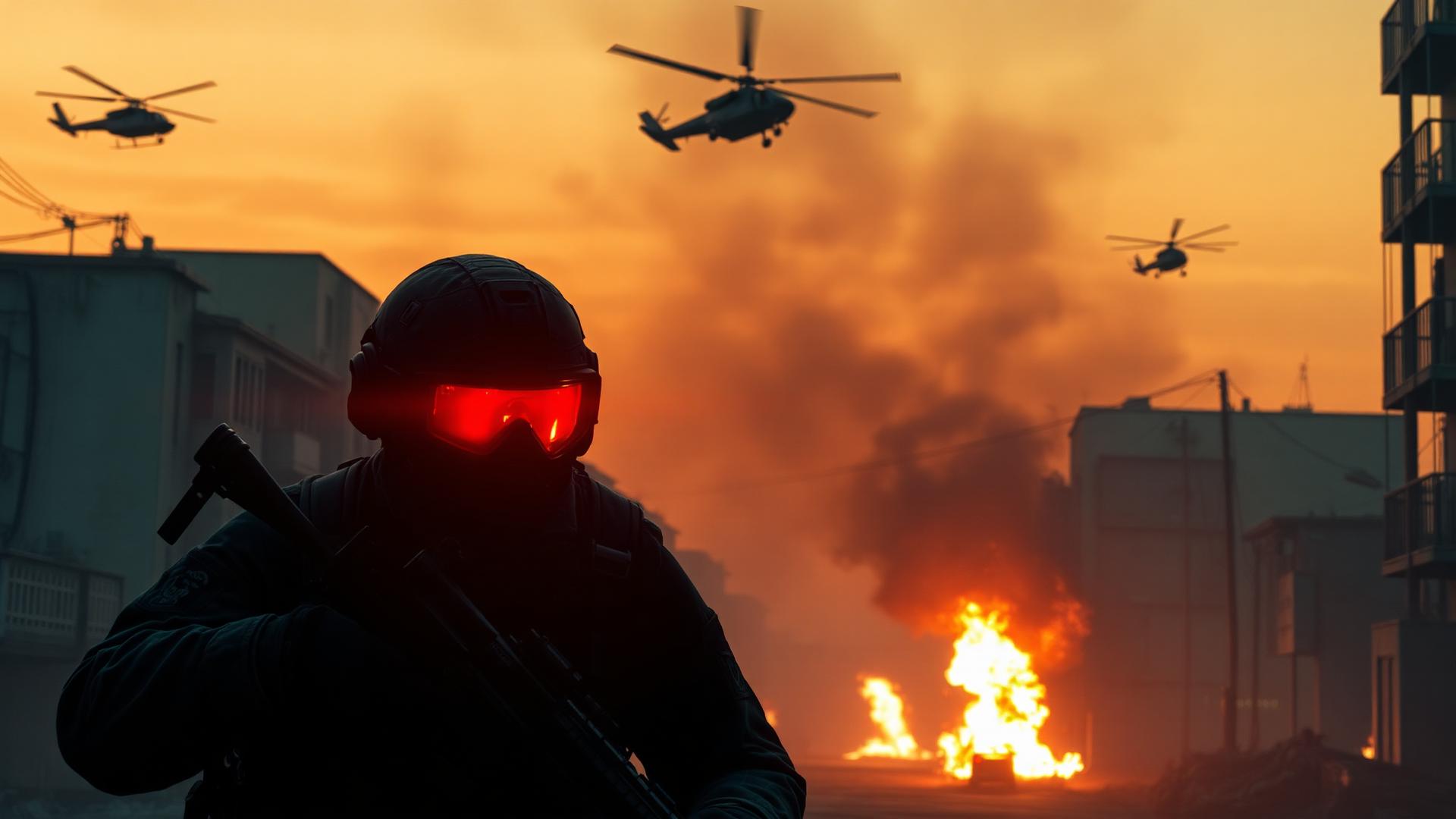 Soldado com óculos vermelhos e helicópteros em cidade em chamas, estilo Call of Duty