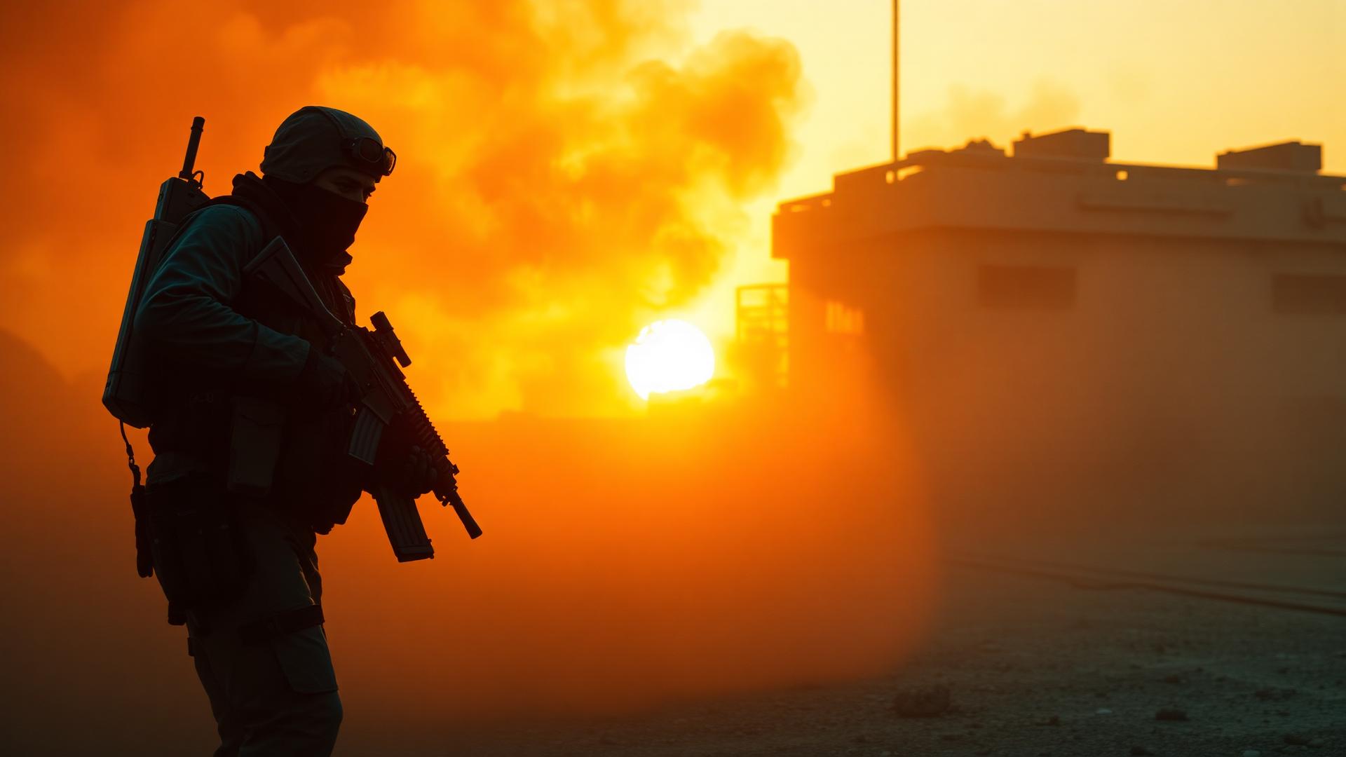 Operador tático avançando por fumaça laranja ao pôr do sol, estilo Counter-Strike 2
