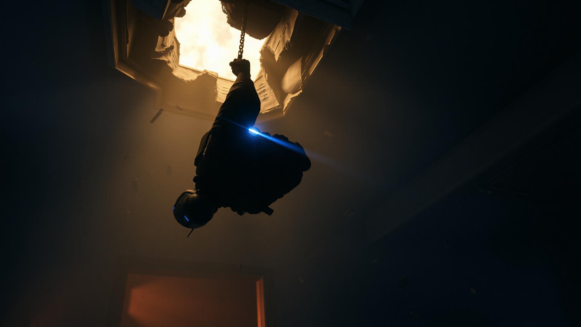 Operador descendo de rapel por um teto explodido com laser azul, estilo Rainbow Six Siege